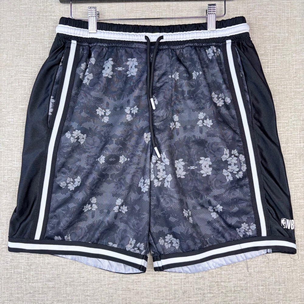 NBA Mens Size M Floral Lace Print Basketball Shorts Black Grey Mesh Athletic